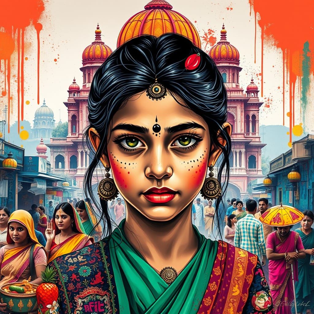 Indian Palace and Girl in Traditional Indian Culture