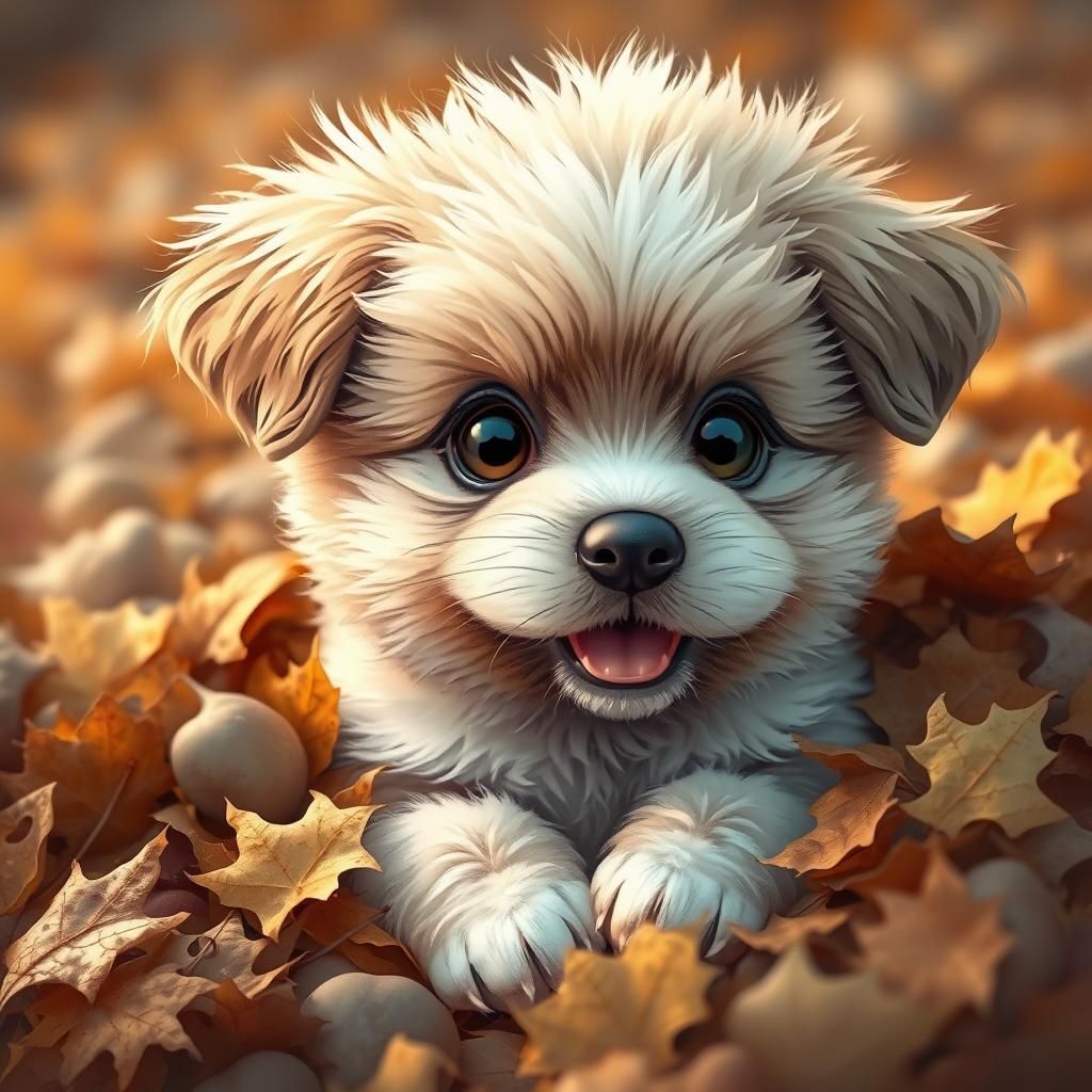 Adorable Puppy Hiding in Autumn Leaves Illustration