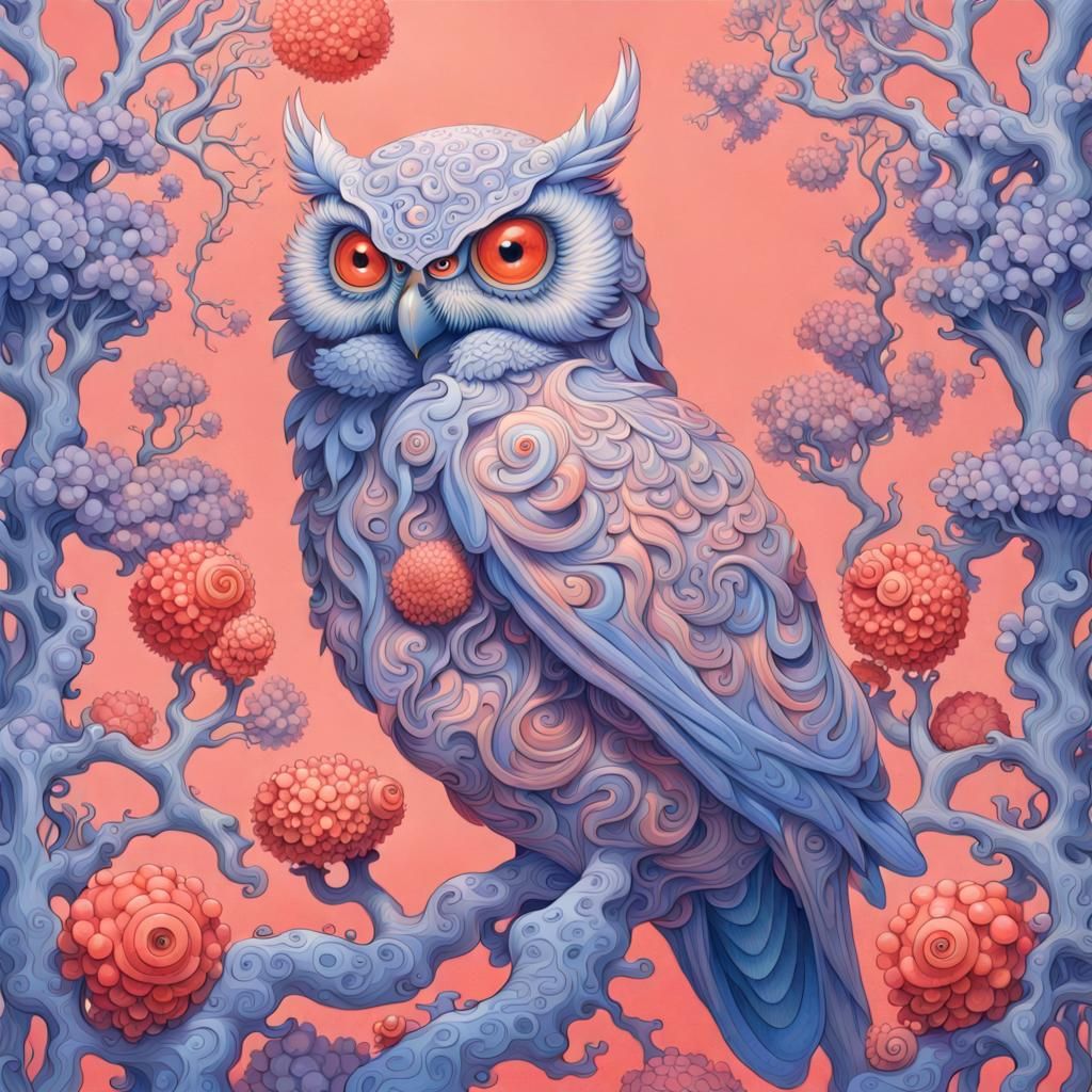 Fantastical Coral Owl Smiling, Illustrative Digital Art