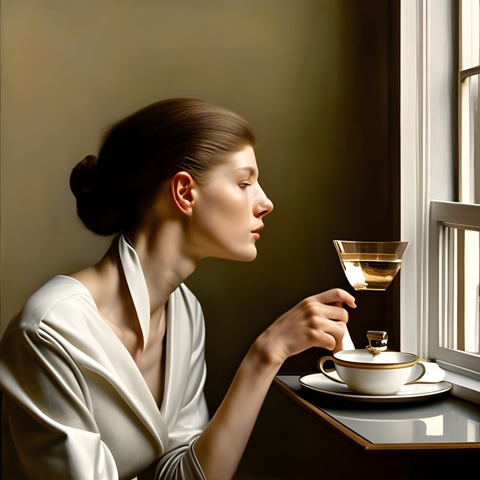 Photorealistic Portrait of Woman in Cafe, Soft Lighting