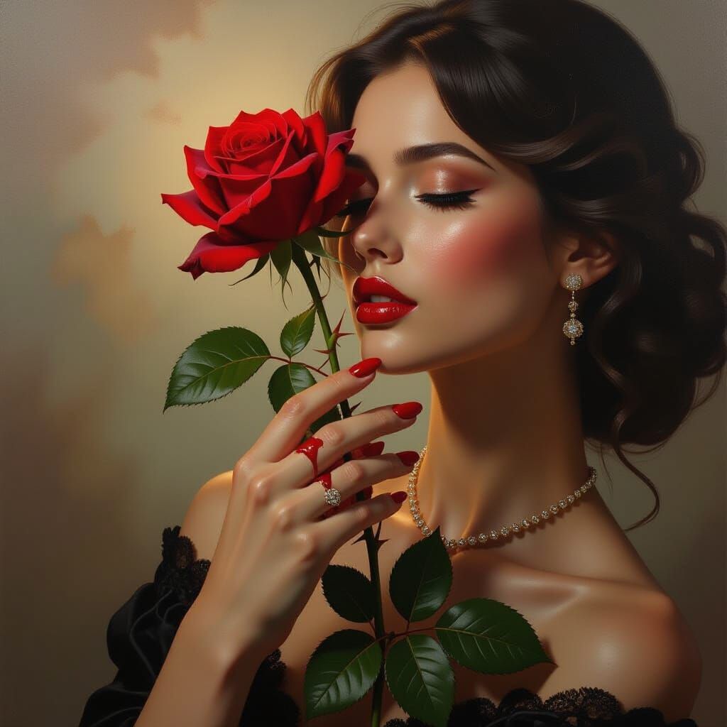 Elegant Hand Bleeding on Thorny Rose in Surreal Oil Painting...