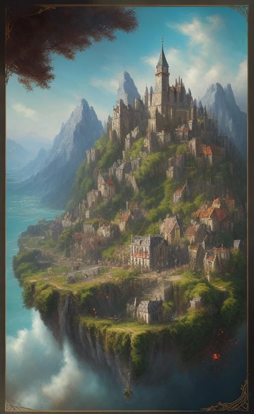 Rivers Confluence Panorama with Cave Village in D&D Style