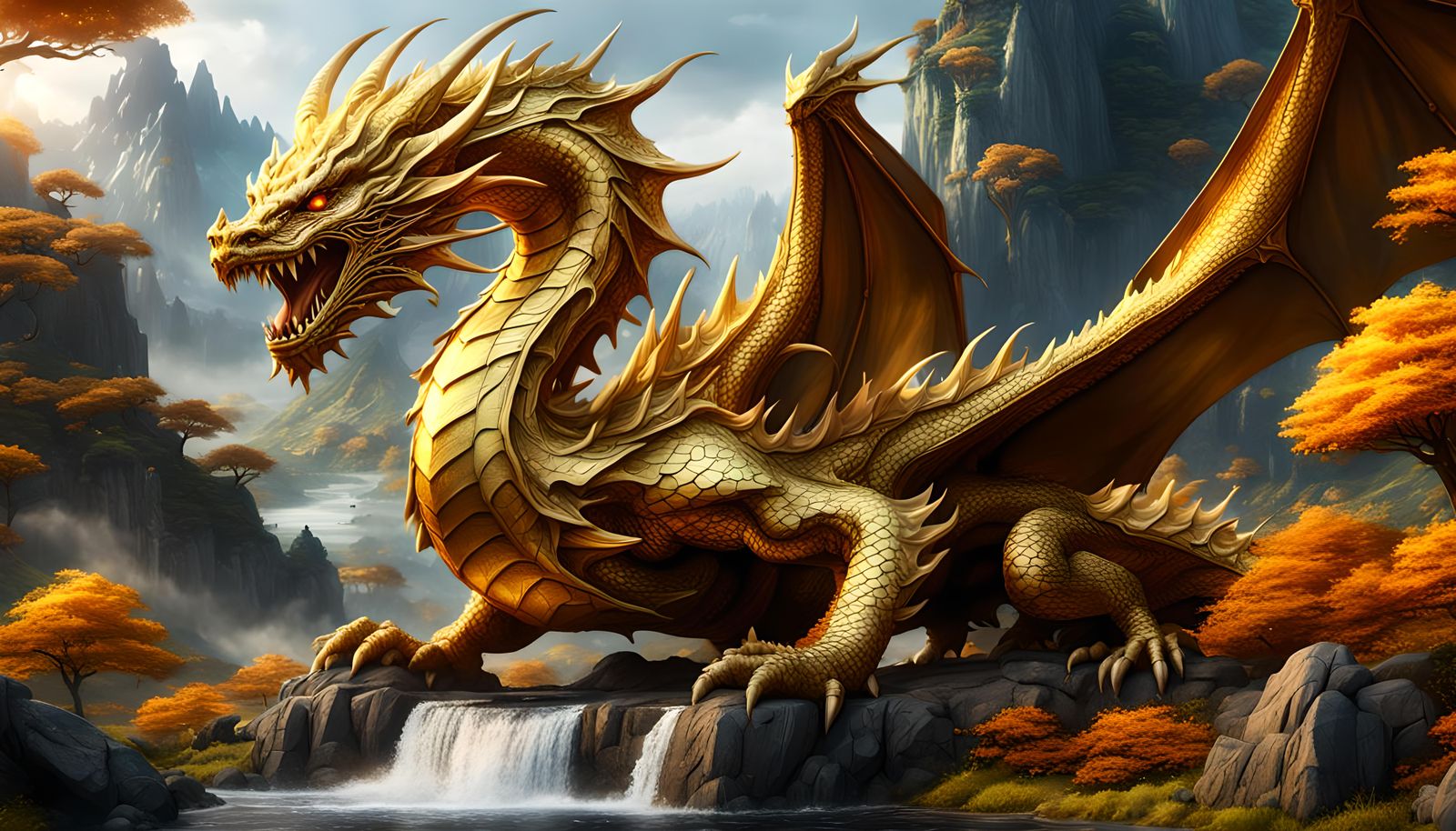 A golden majestic dragon surrounded by beautiful landscape.