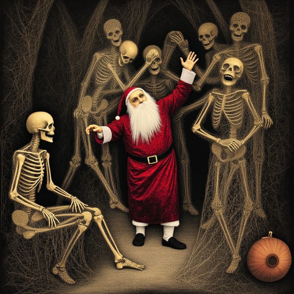 Santa Dances with Skeletons in Crypt as Collagraph Print