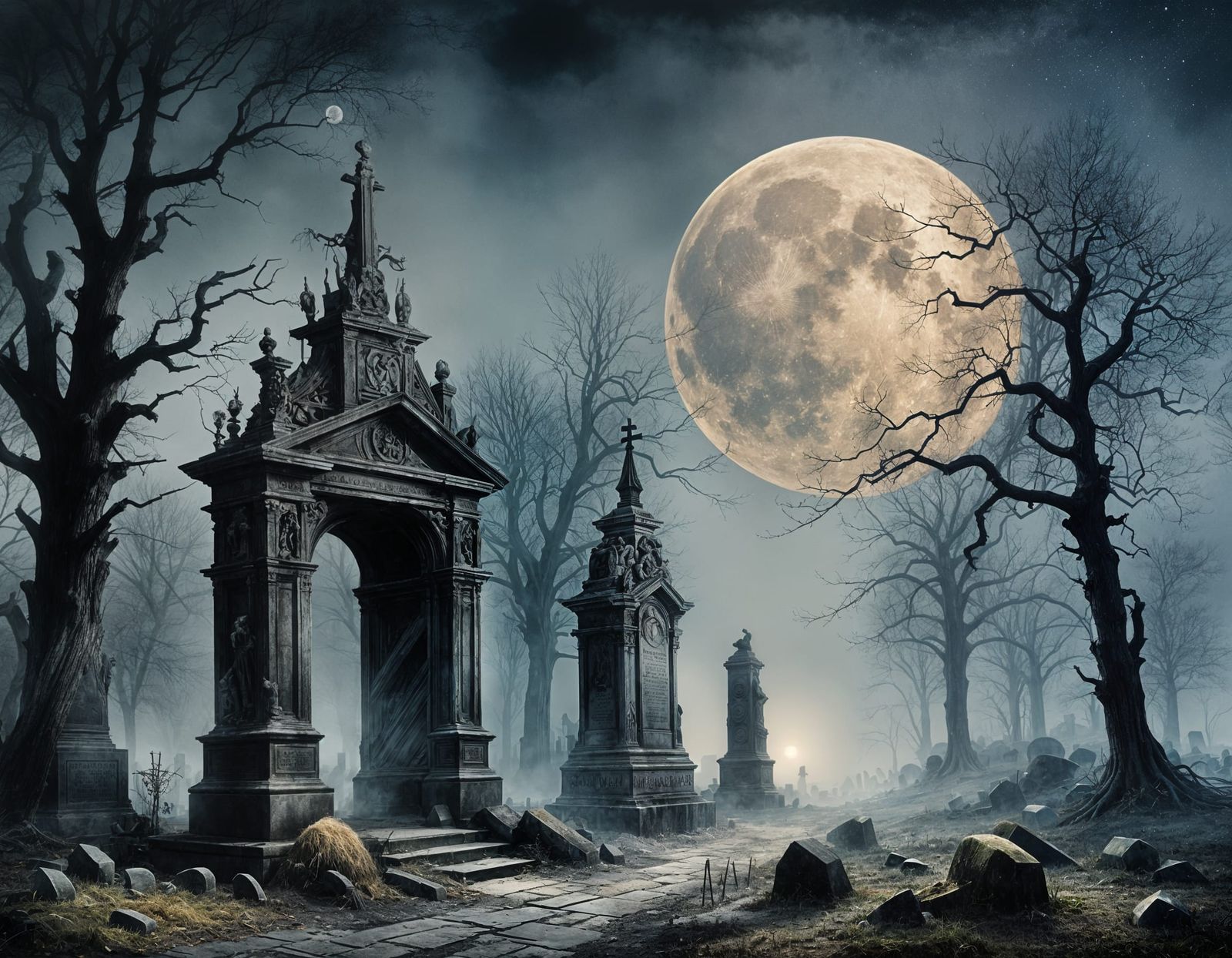 Sinister Foggy Graveyard Under Full Moon