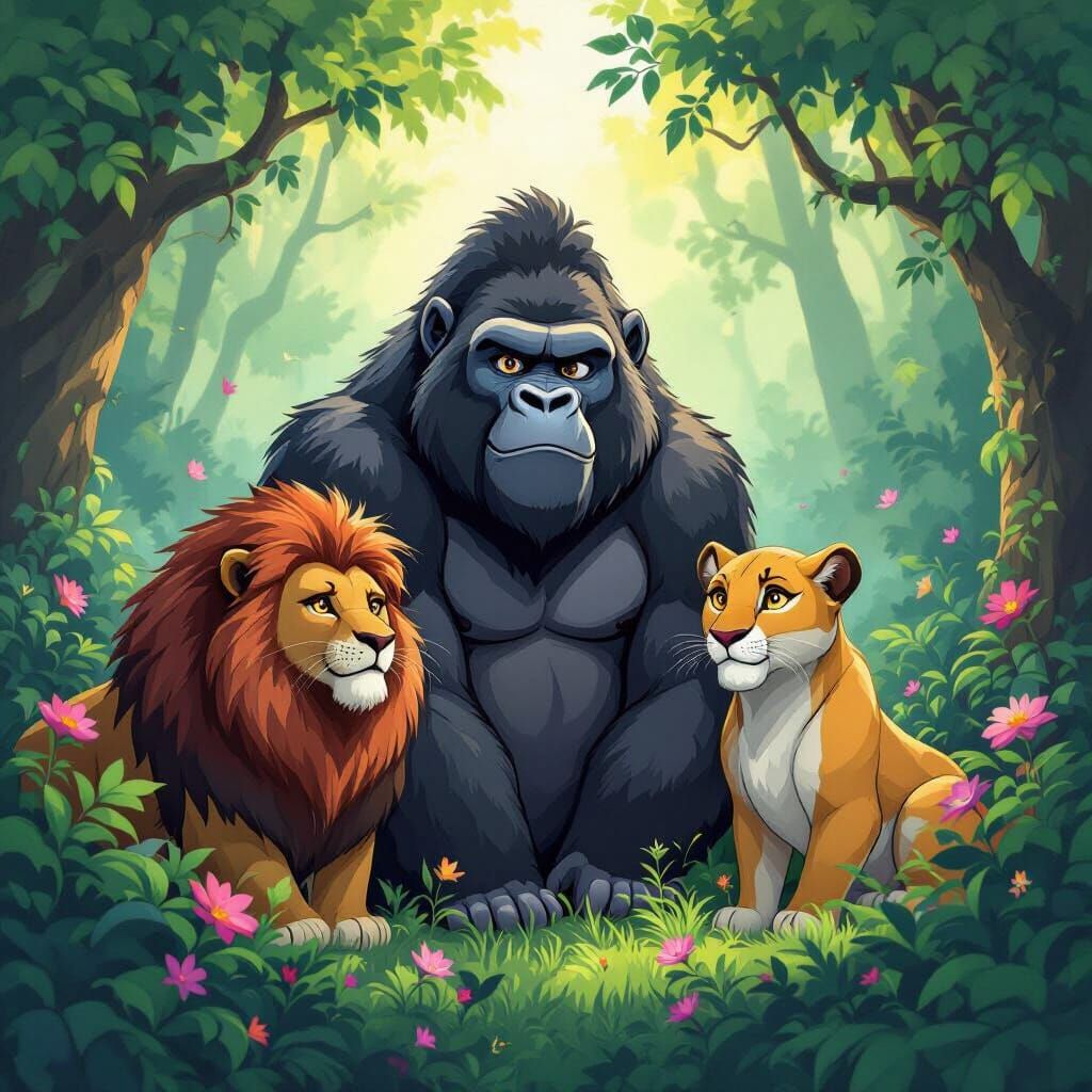 Enchanted Forest Guardians: Gorilla, Lion, and Panther