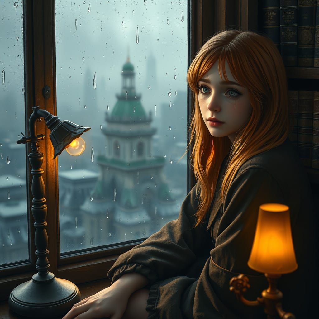 Teenage Girl in Cozy Rainy Moment with Bookcase