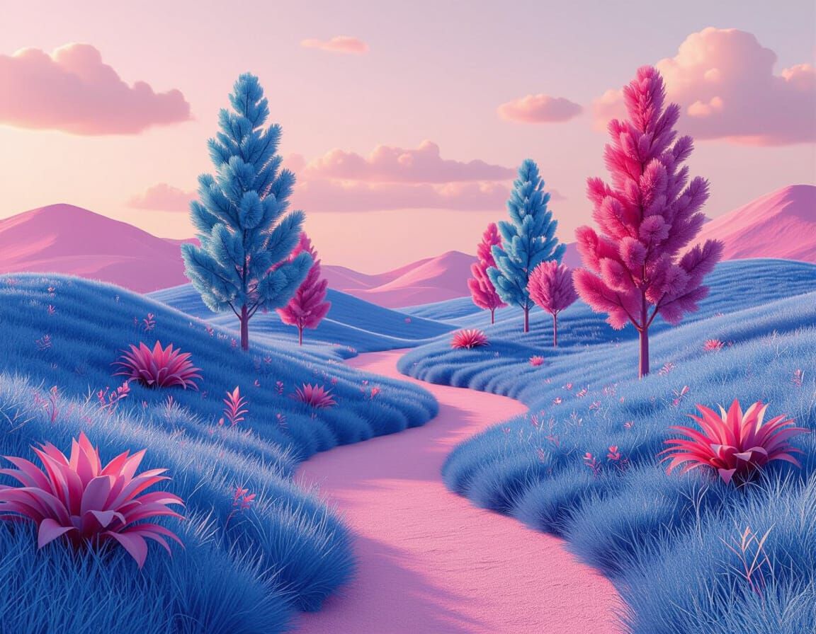 Surreal Neon Landscape Path in Soft 3D Shapes