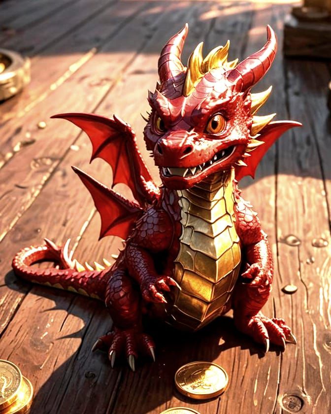Cute Angry Dragon Protects Treasure, Anime Style