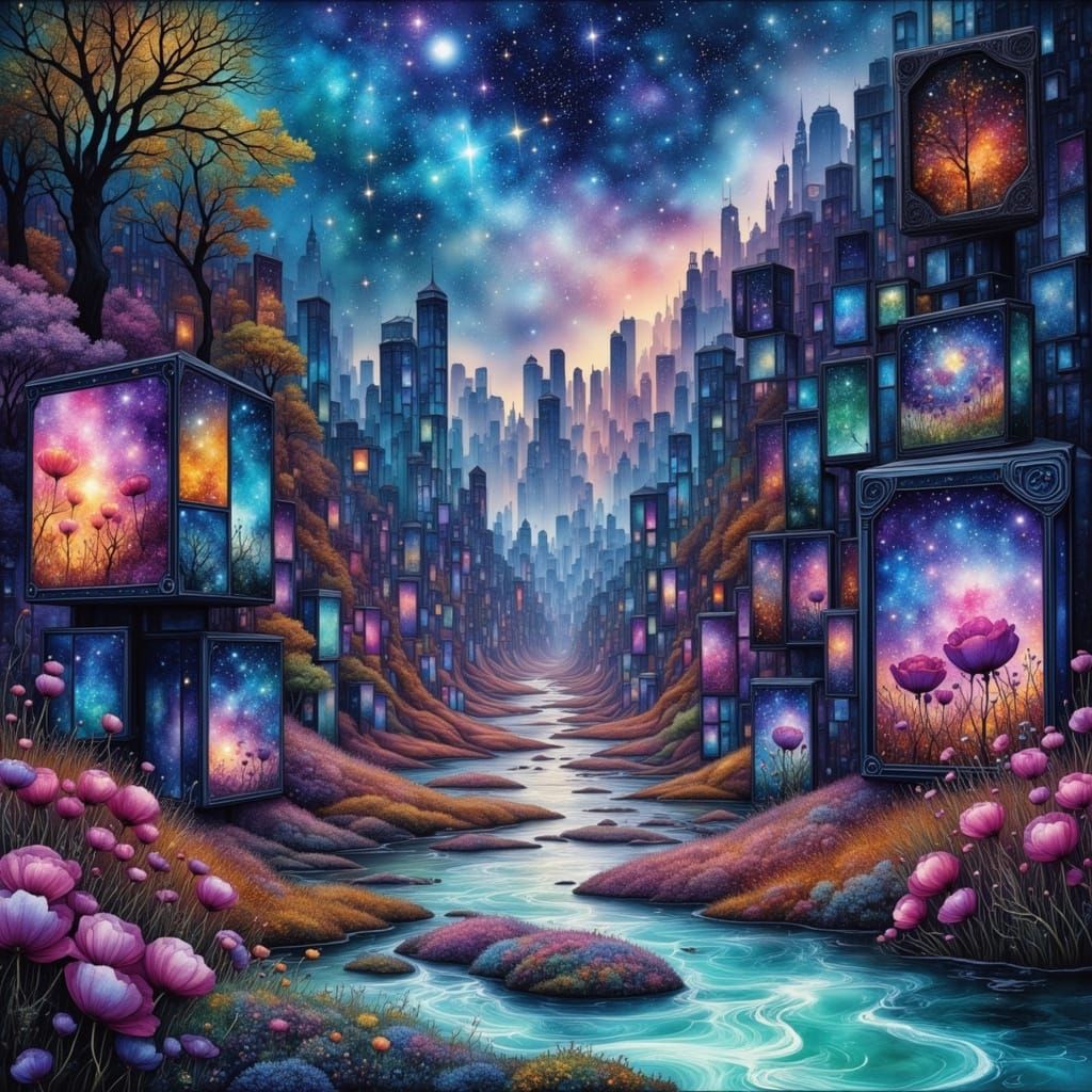 Dreamscape Cubes with Galaxies and Bioluminescent Veins