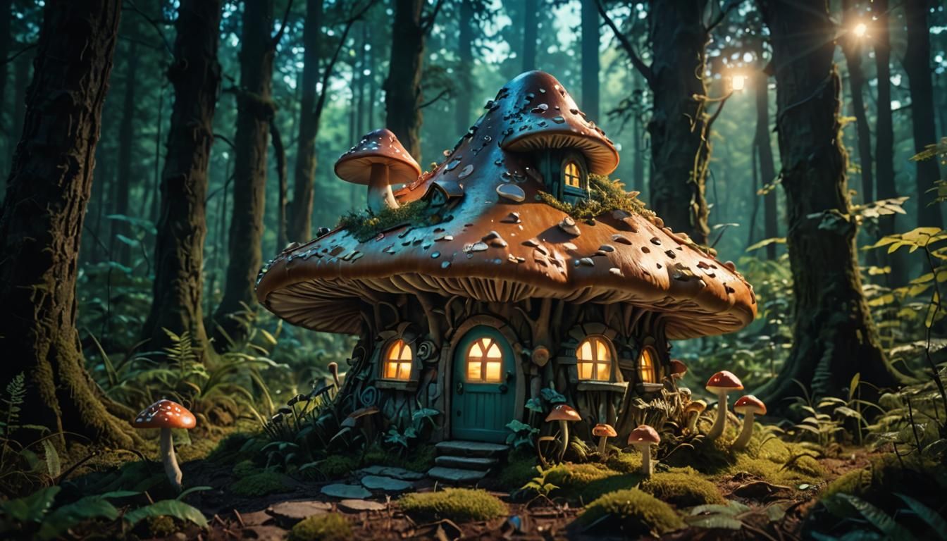 Enchanted Fairy Mushroom House in Bioluminescent Forest