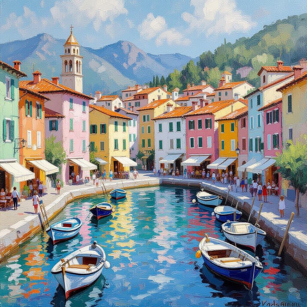 Italian Riviera Fishing Village in Impressionist Style