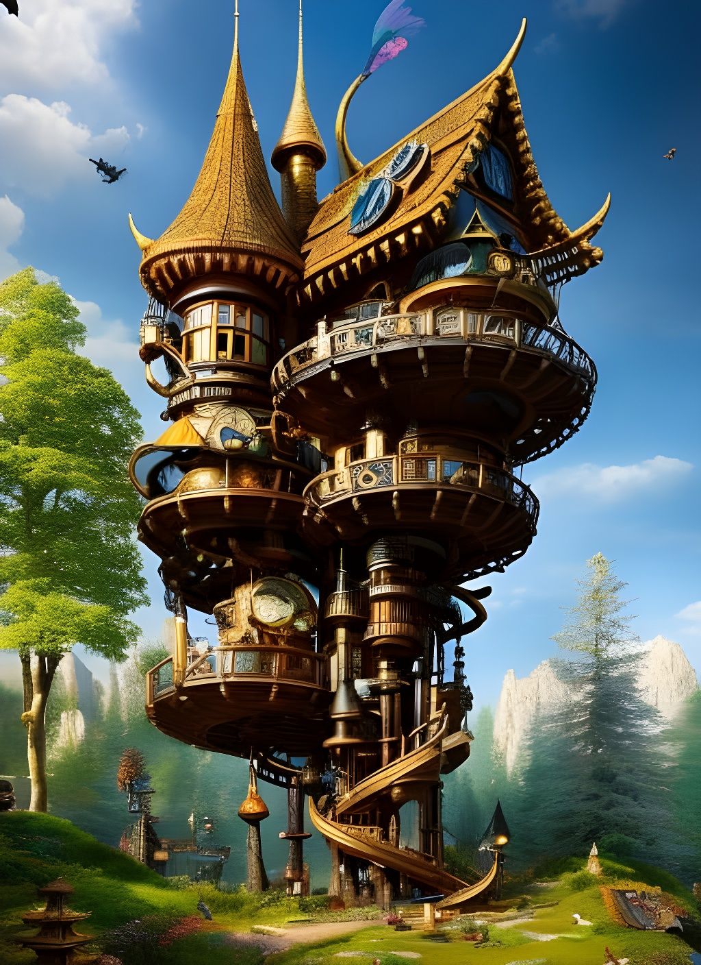 Steampunk Castle Treehouse in Mystical Landscape