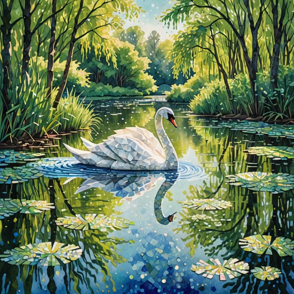 Origami Swan on Pond in Pointillist Watercolor