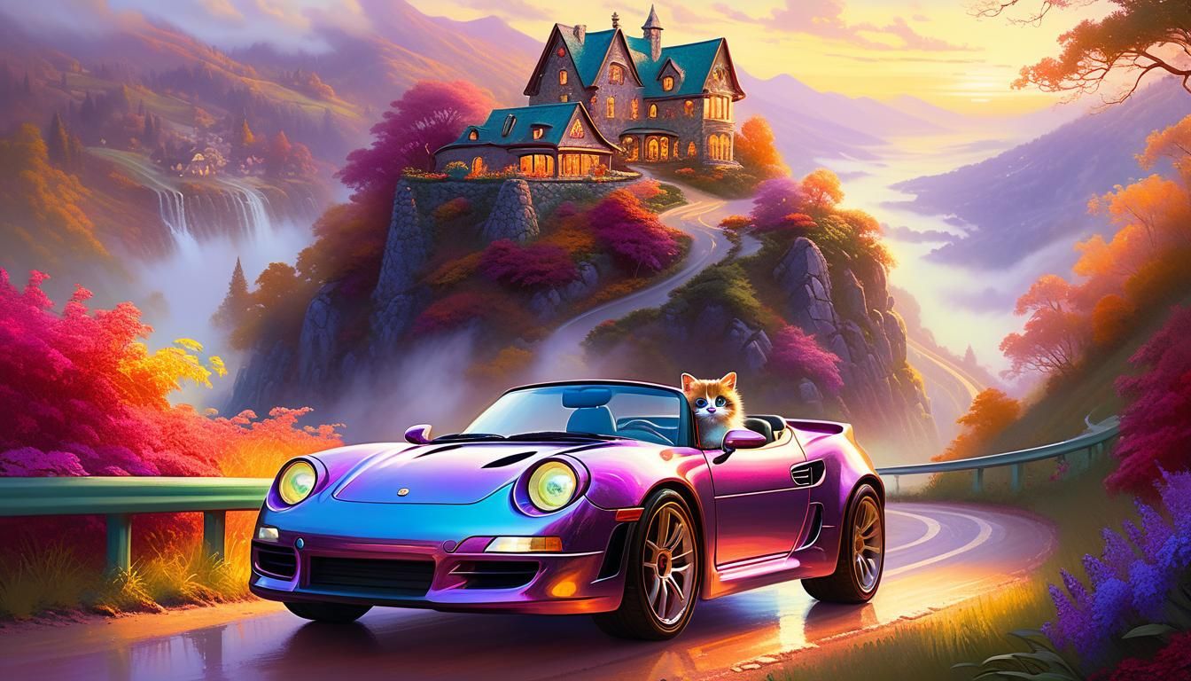Whimsical Kitten Driving Sports Car in Kinkade Style
