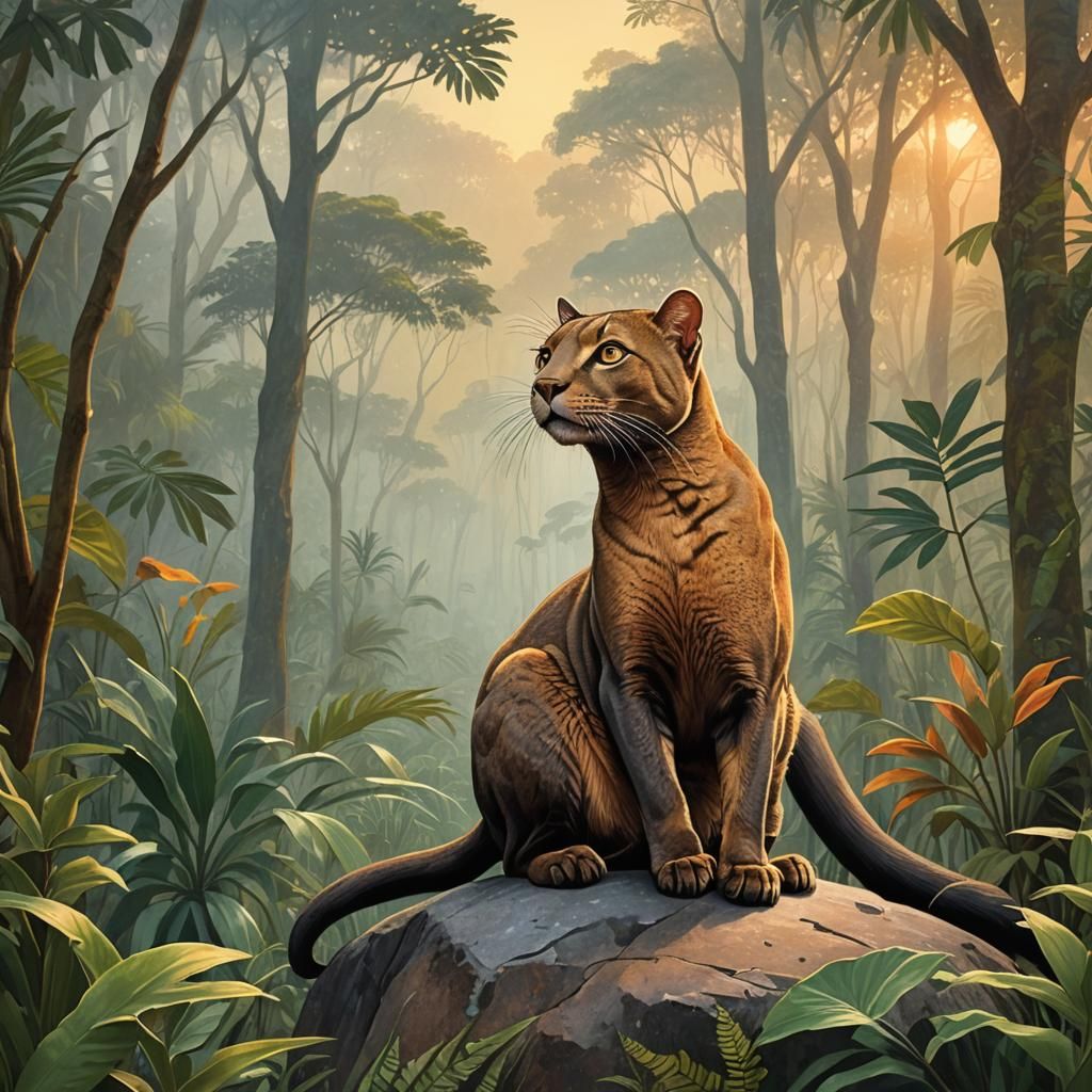 Jaguarundi Sunrise in Rousseau-Inspired Jungle Scene