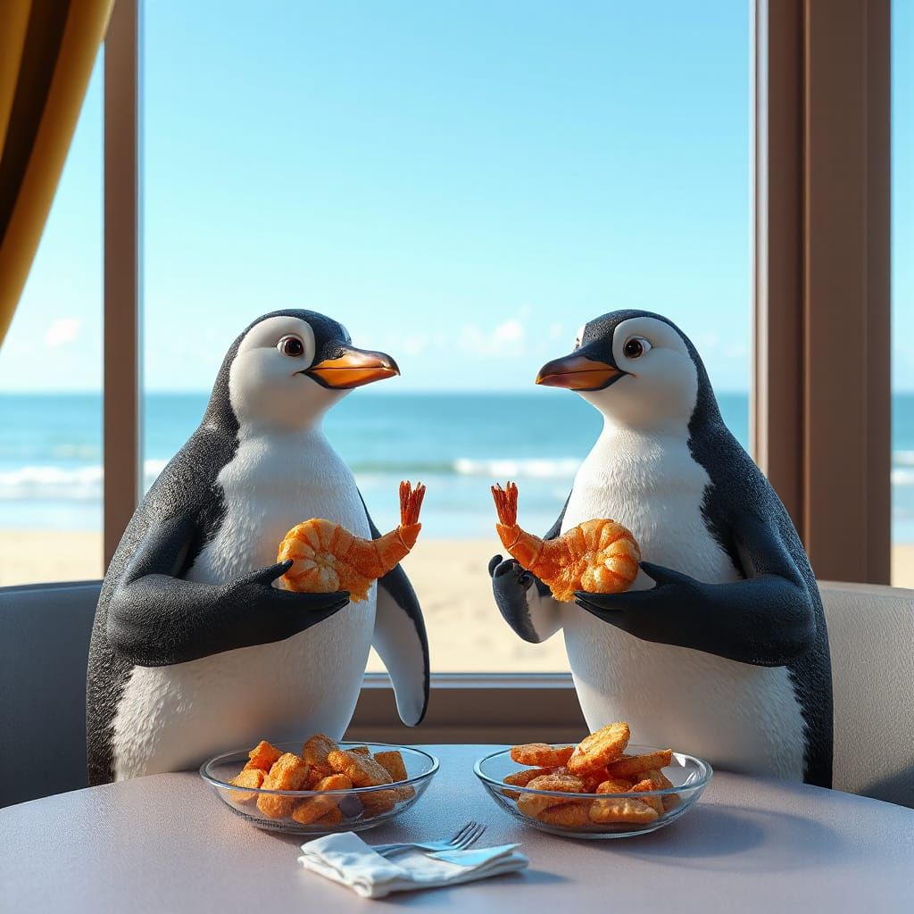 Two happy Adelie penguins eating fried shrimp at a hotel restaurant by a window overlooking a beach. Pixar, Disney, conc...