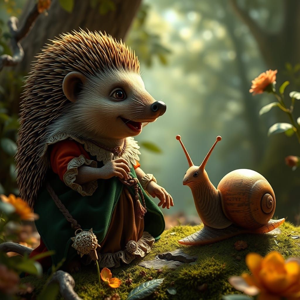 Hedgehog Sings with Snail in Baroque Wildlife Scene