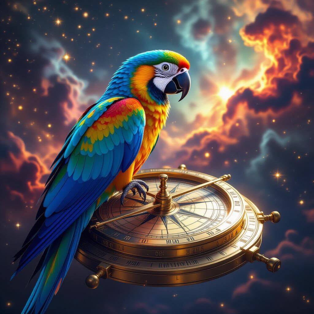 Iridescent Parrot on Astrolabe Amidst Cosmic Nebulae