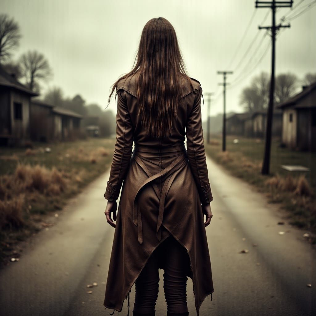 Woman at Crossroads in Cinematic Style