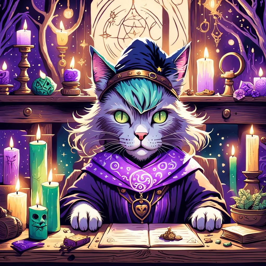 Cat Witch in Whimsical Fantasy Illustration
