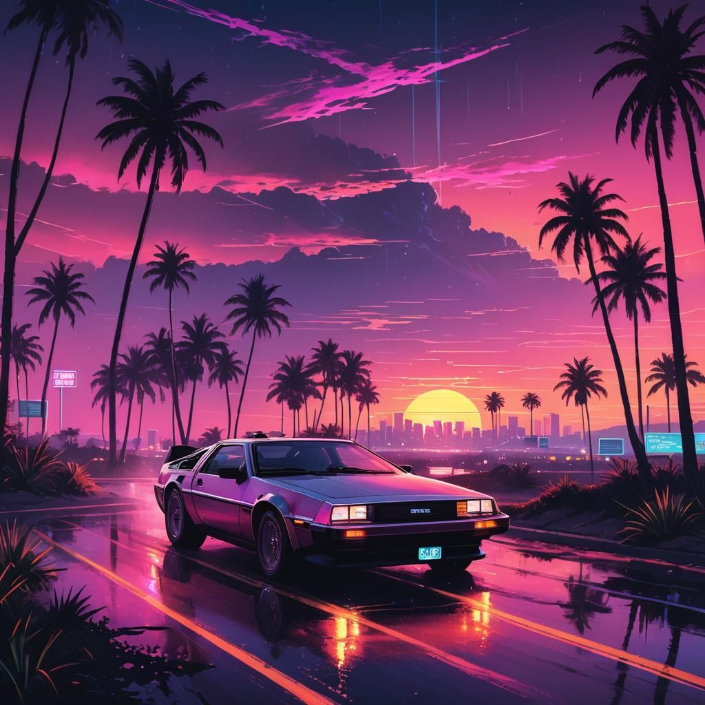 Synthwave DeLorean on Neon Highway at Sunset