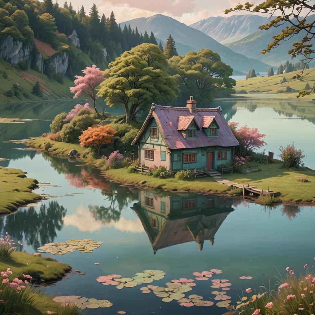 Cottage by Lake at Sunset Digital Painting