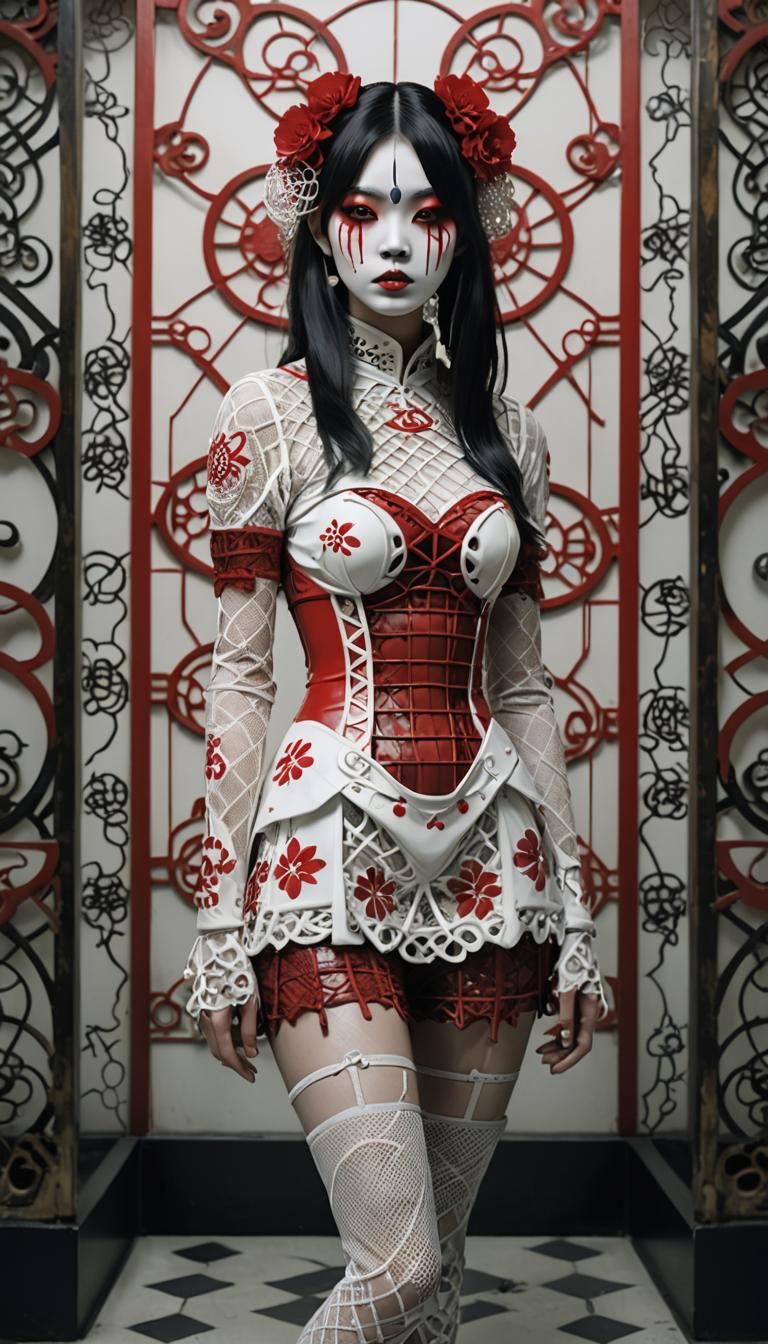 sassy Japanese girl with red and white painted face, seen st...