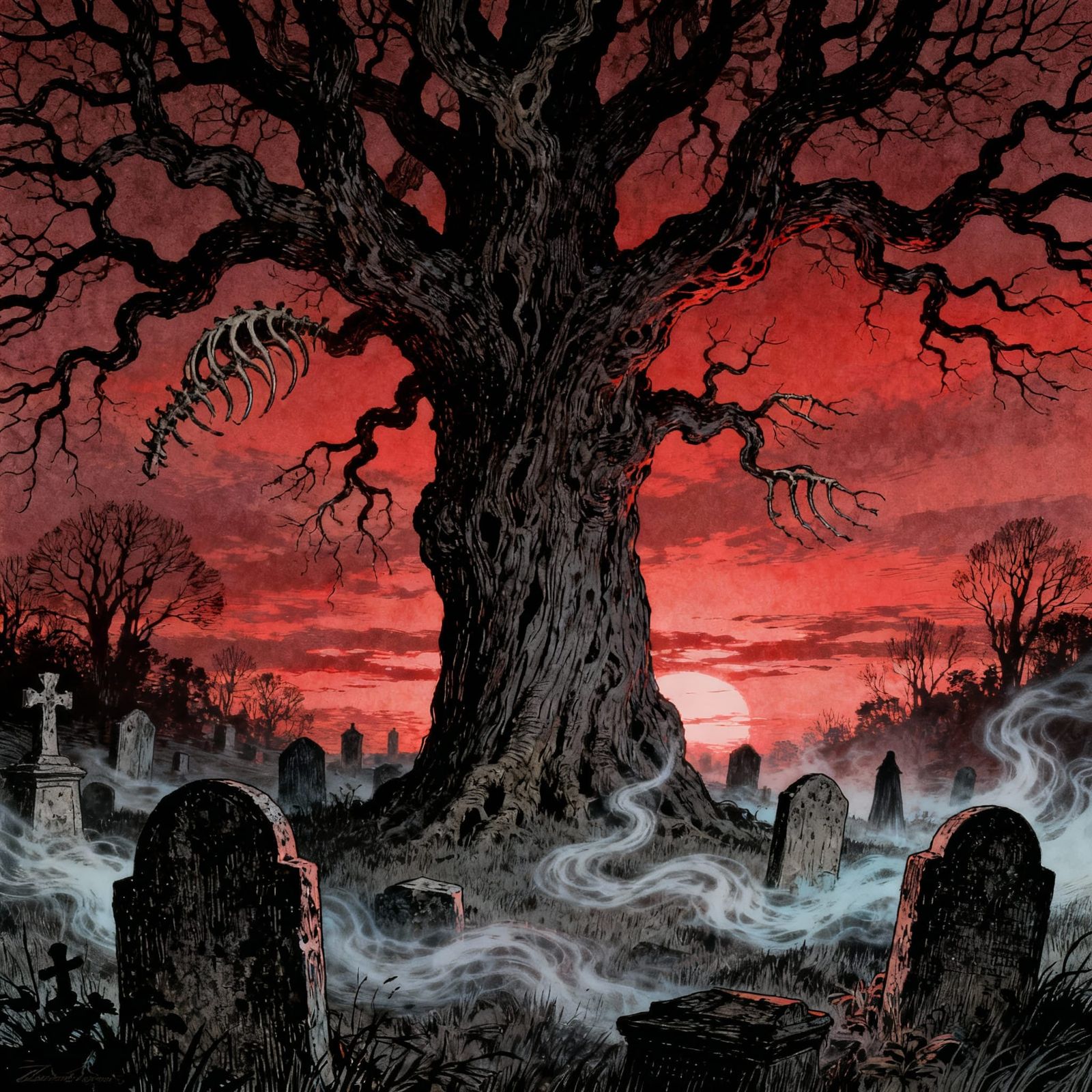 Gothic Oak Tree in Blood-Red Twilight Graveyard
