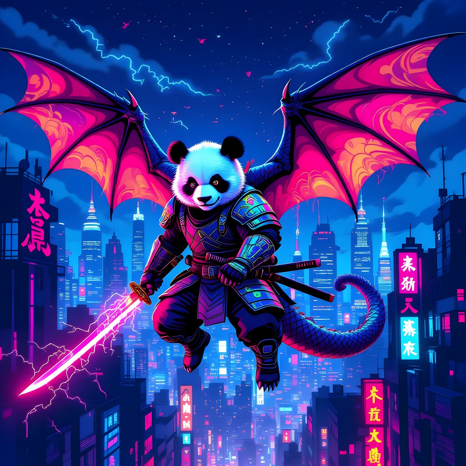 Dragon Panda Soars Over Cyberpunk City in Graffiti Art