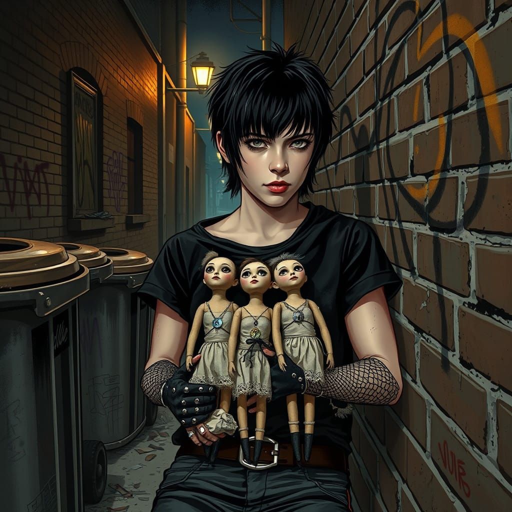 Brooding emo teenager with jet-black hair, razor-cut fringe, and piercing gaze, clad in a black band tee, fishnet gloves...