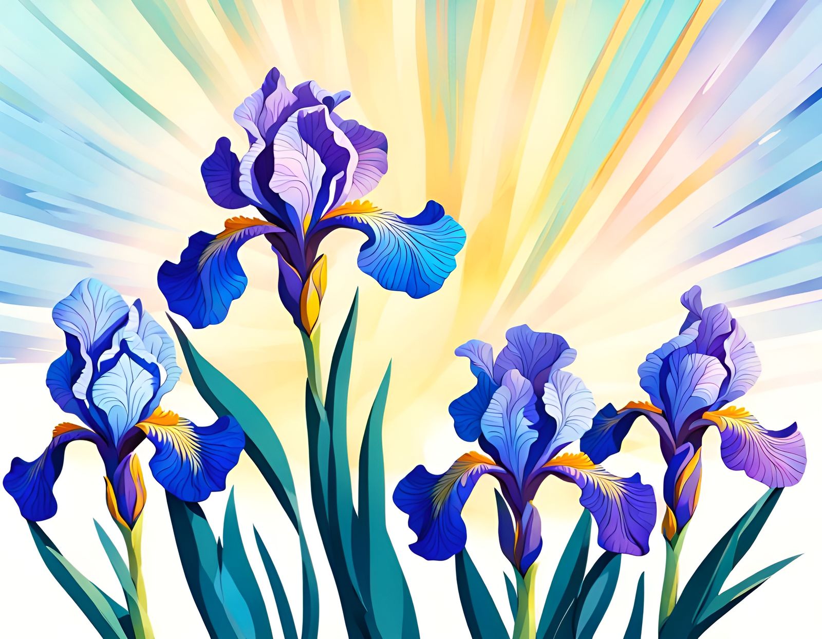 Three bearded irises blue  flowers with leaves, pastels suns...