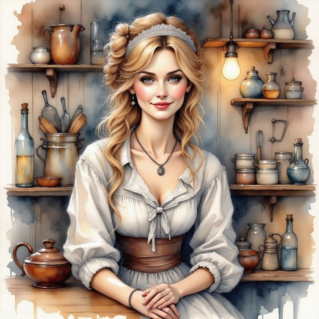 Impressionistic Watercolor of a 1850s Tavern Waitress