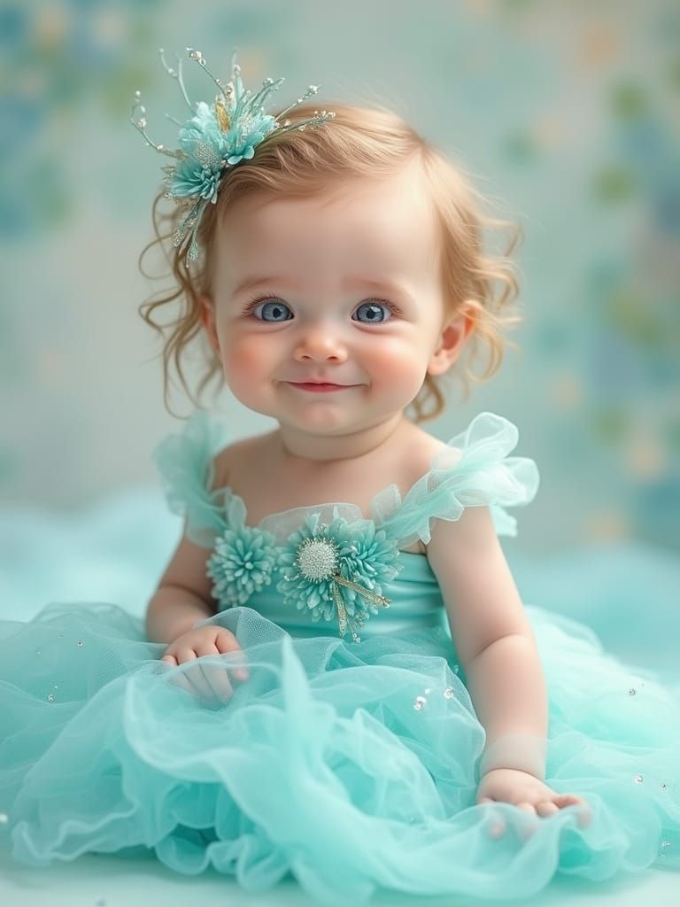 Baby in Aquamarine Gown: Watercolor and Airbrushing