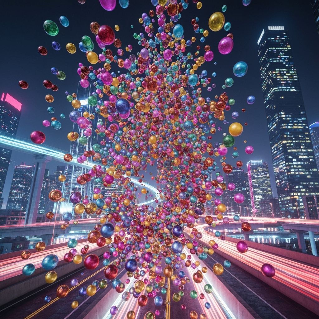 Explosion of Multicolored Beads in Neon Cityscape