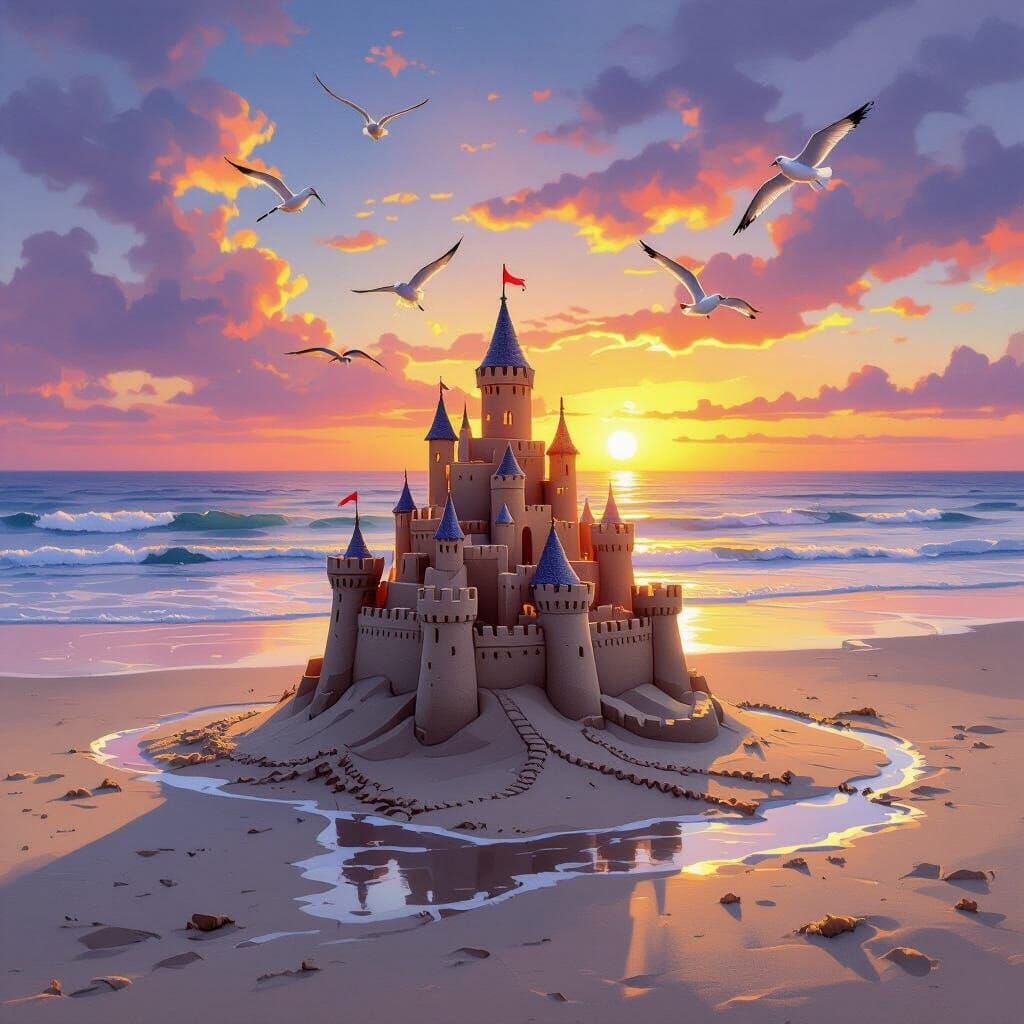 Whimsical Sandcastle at Sunset Beach with Seagulls
