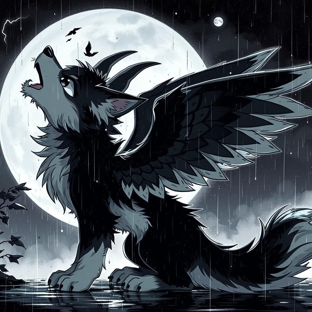 Winged Wolf Puppy Howling in Electric Storm