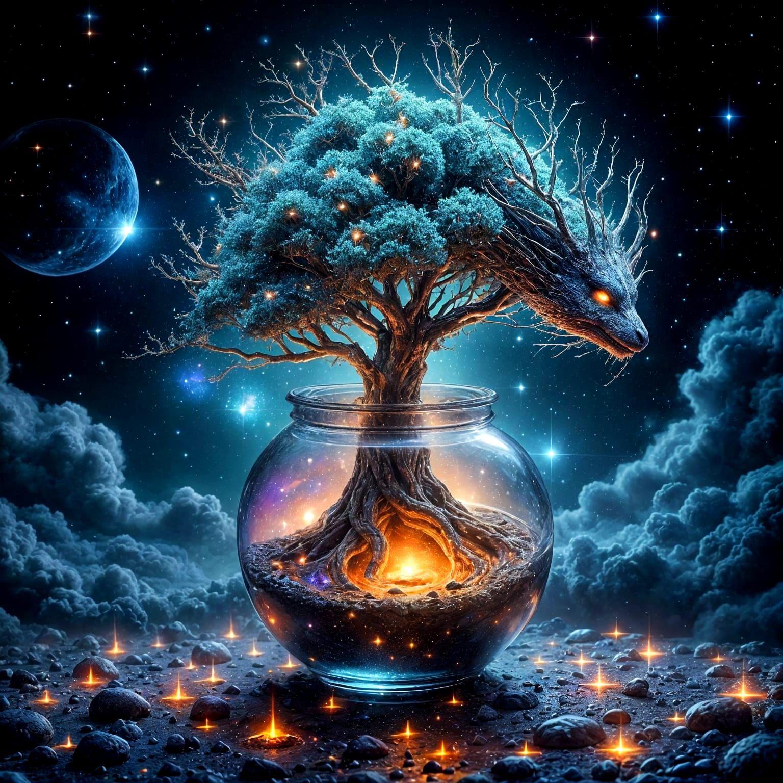 Cosmic Dragon Born from Tree of Life in Glass Jar