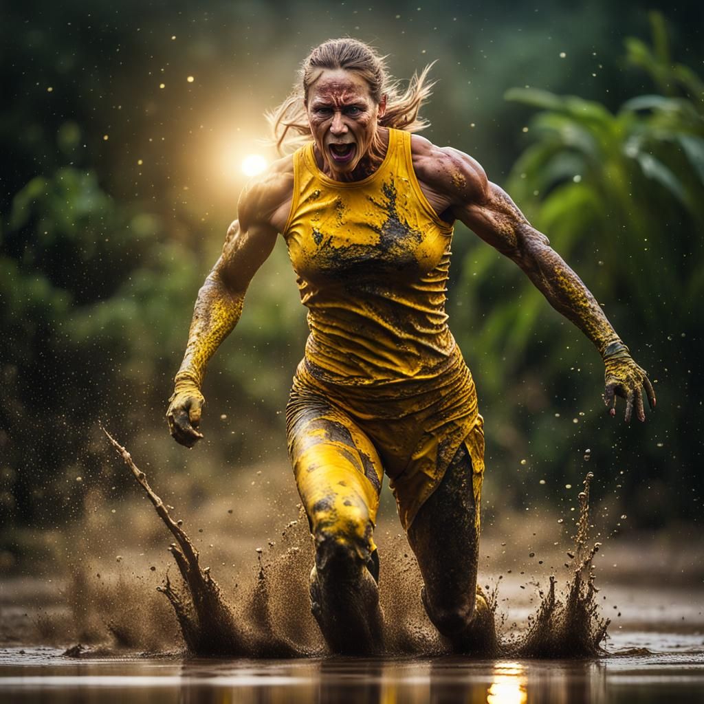 Bodybuilder Running from T-Rex in Jungle