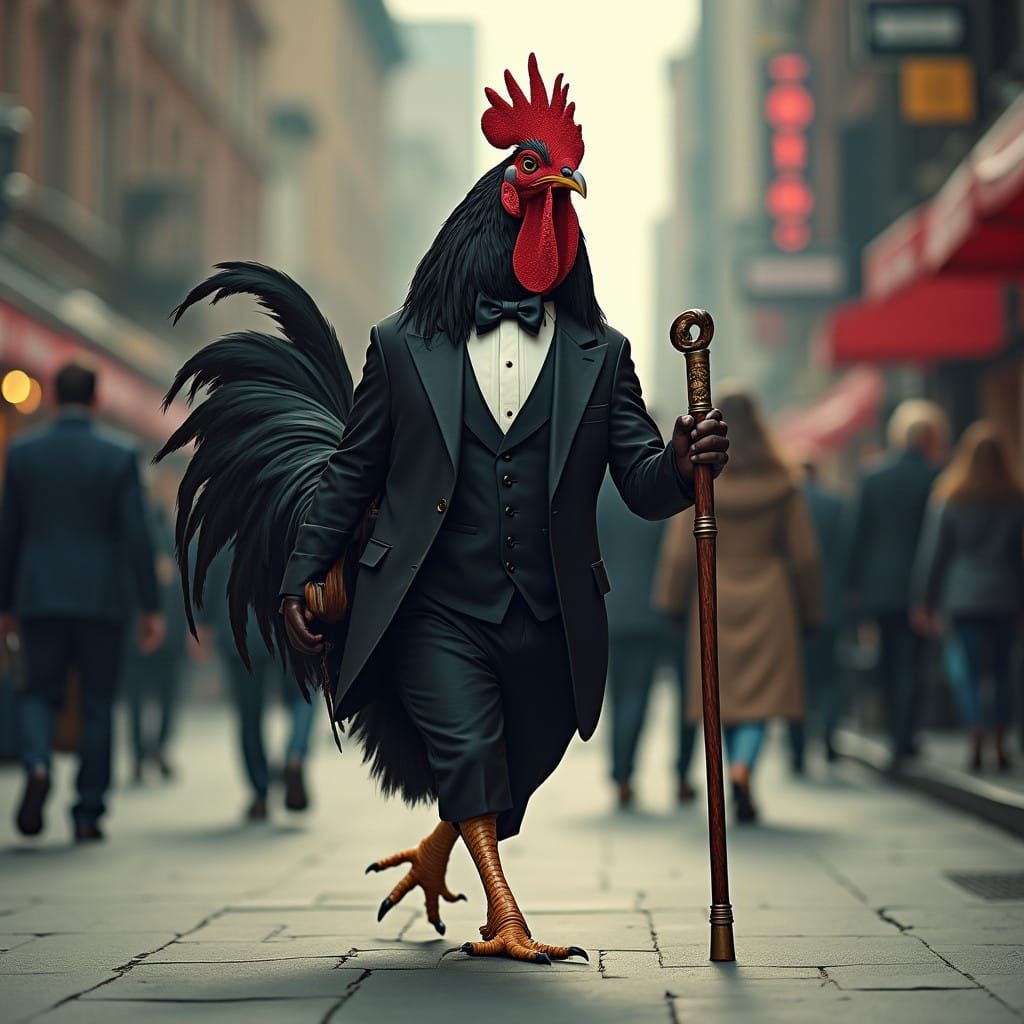 Regal Rooster Strolls NYC Streets in Midnight Tuxedo