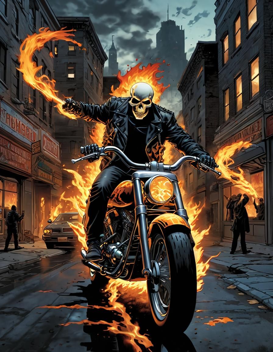 Ghost Rider on Flaming Motorcycle, Comic Book Art