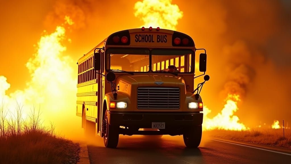 Industrial School Bus Navigates Fiery Road