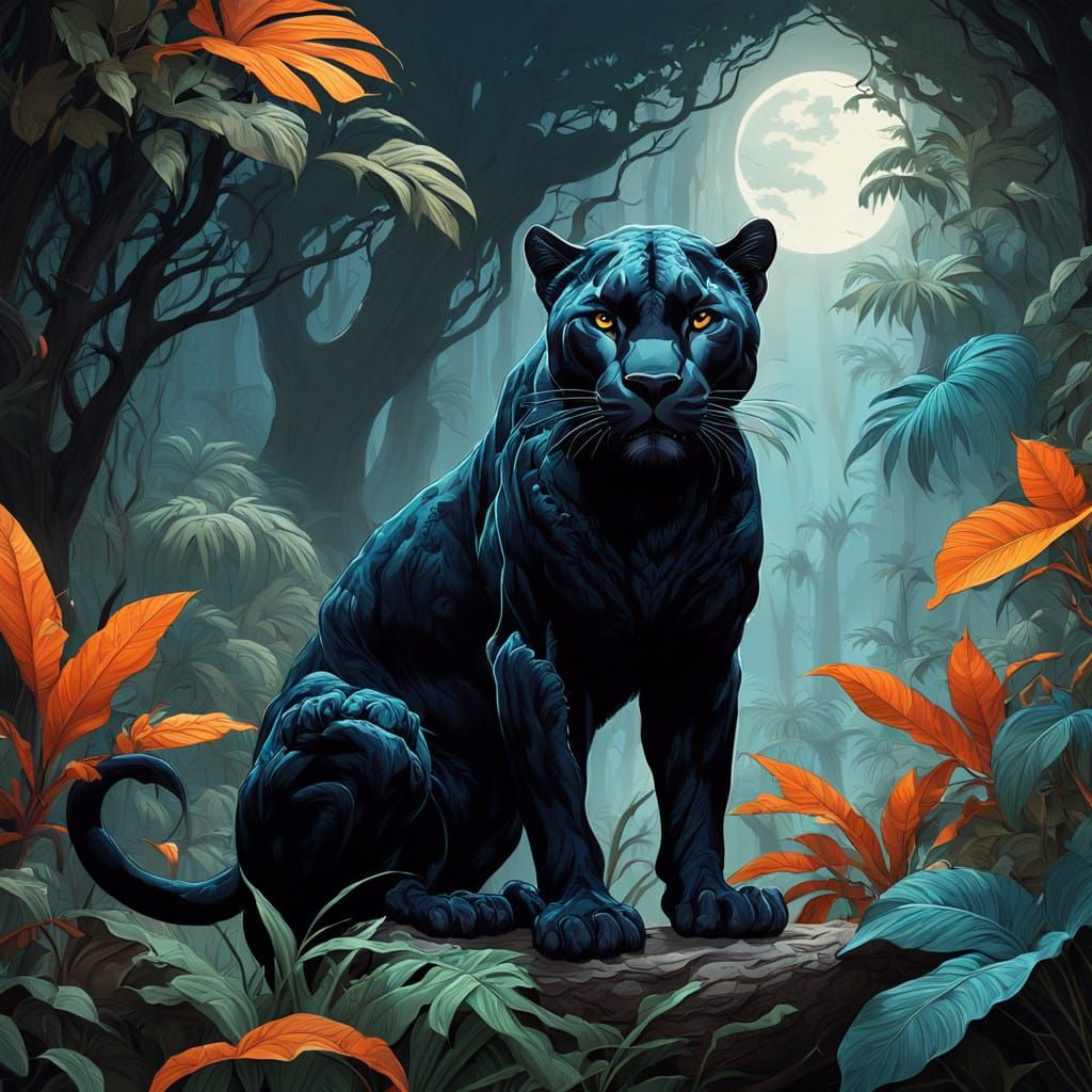 Majestic Black Panther in Art Nouveau Jungle Ambiance