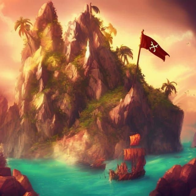 Colorful Pirate Island Fortress on Fantasy Landscape