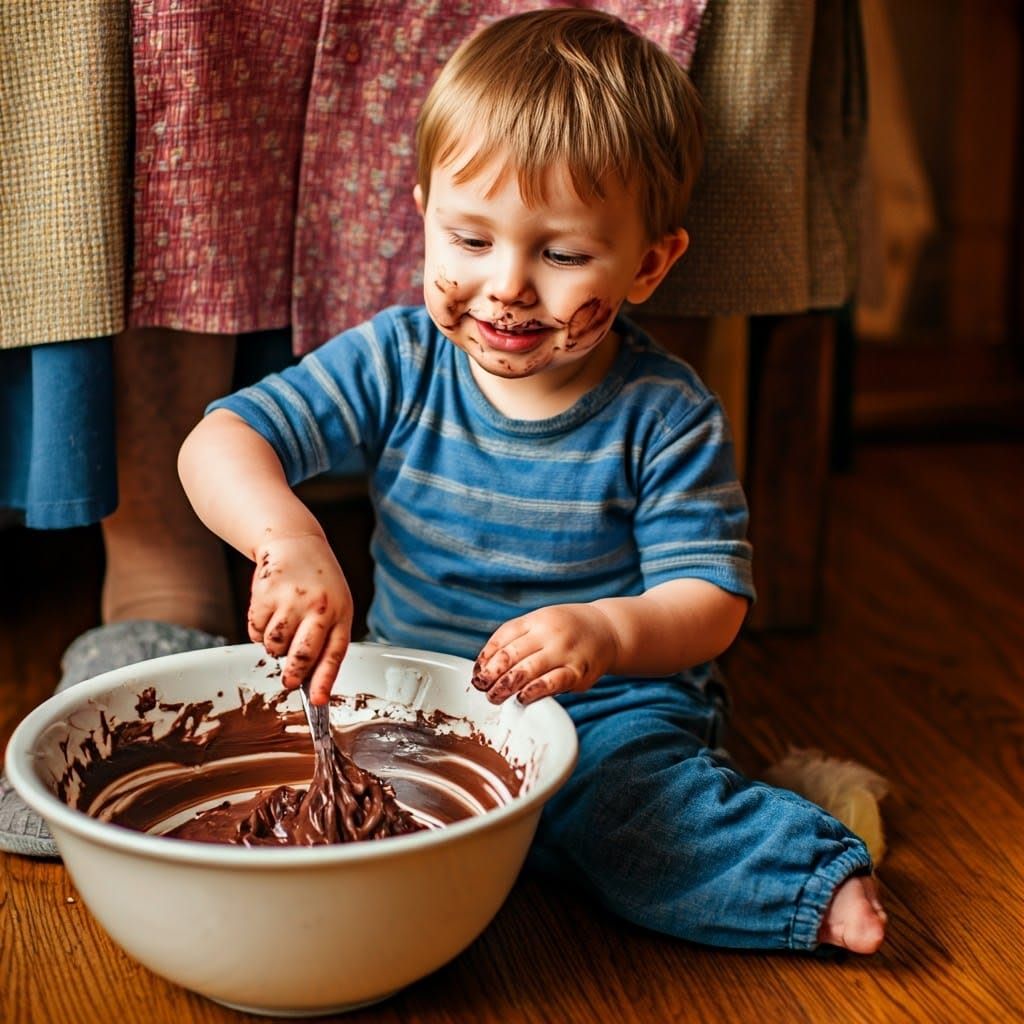 Young Boy Relishes Savoring Grandma's Chocolate Icing with G...