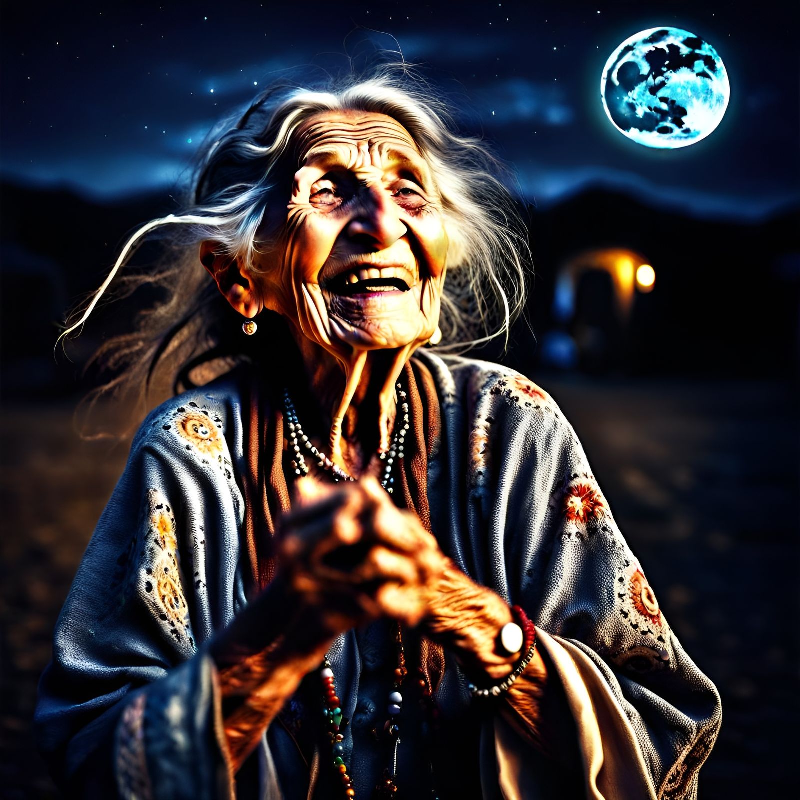Happy Hippy Woman Dancing Under the Moon