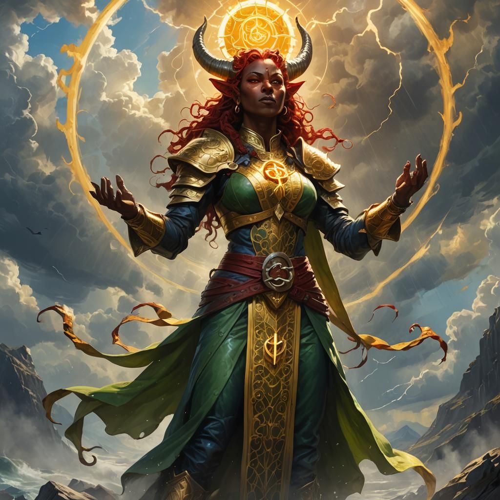 Tiefling Cleric Praying in Sunlight: Fantasy Art