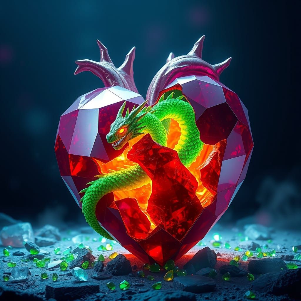 Epic Ruby Heart Reveals Emerald Dragon in Cyberpunk Fantasy