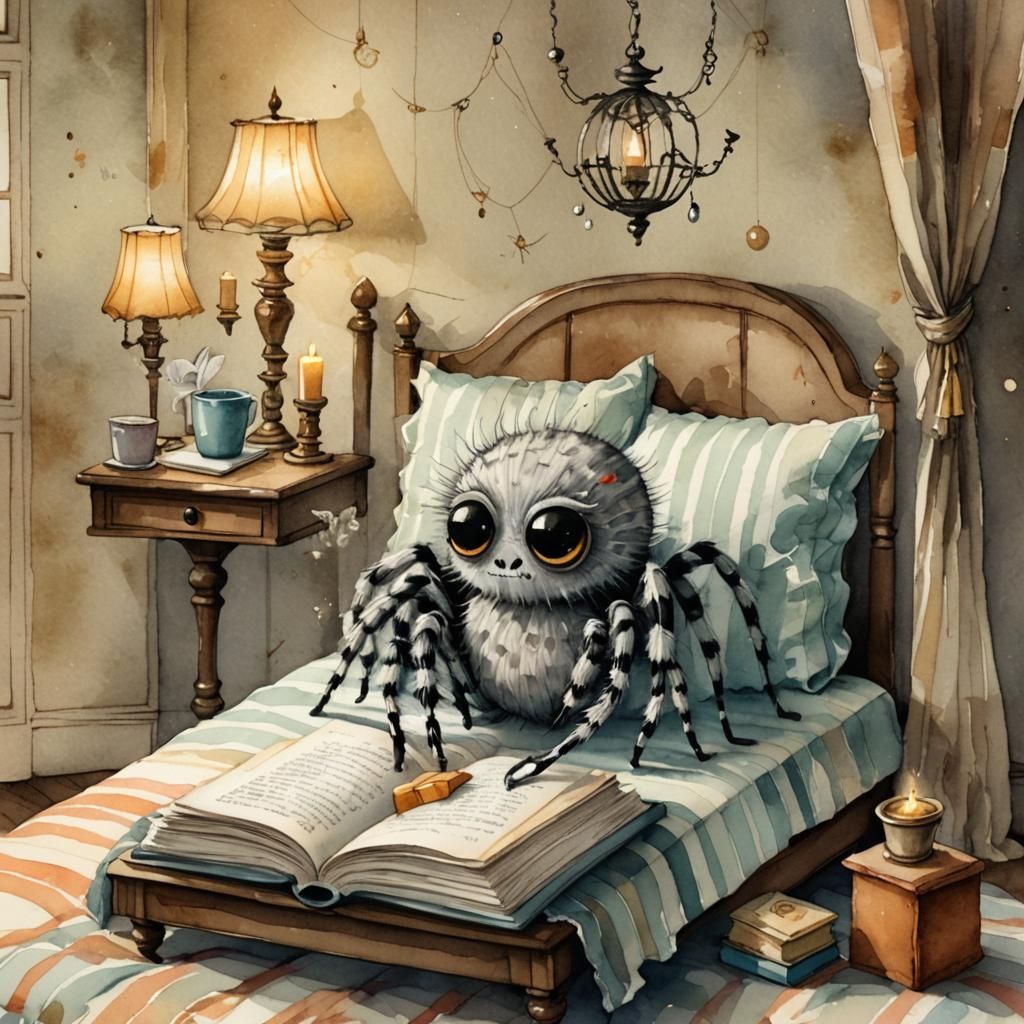 Adorable Spider Reading in Bed: Watercolor Illustration