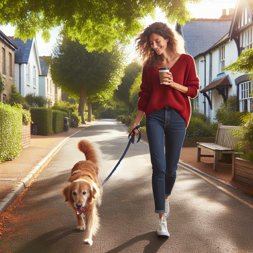 Woman Walks Golden Retriever on Peaceful Morning